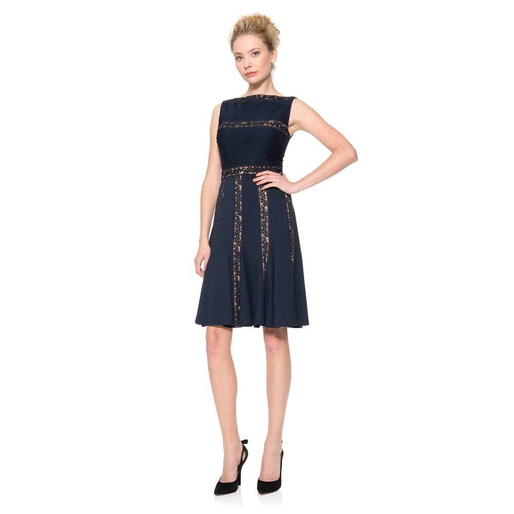 Tadashi Shoji Pintuck Jersey and Lace in Navy/Nude Midi Cocktail Dress Small